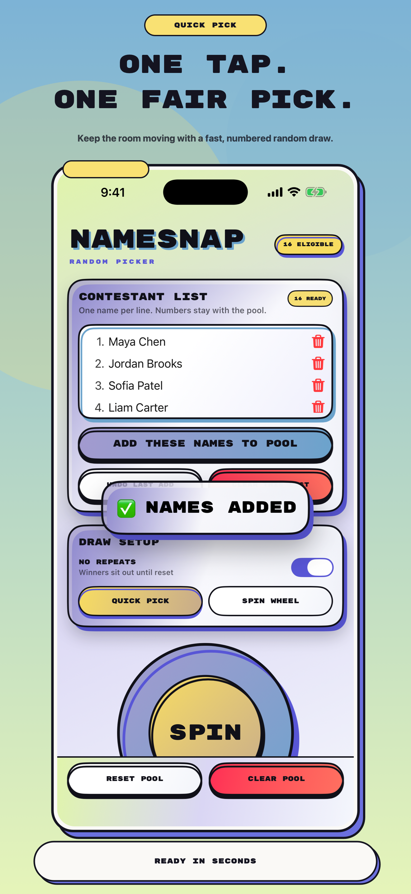 NameSnap Quick Pick workflow on iPhone