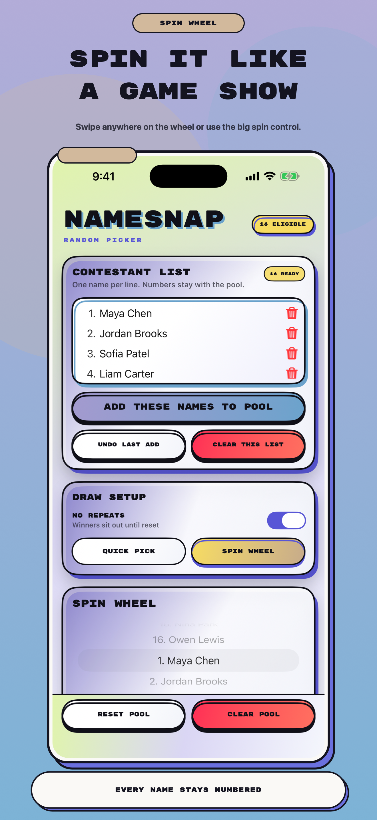 NameSnap Spin Wheel workflow on iPhone
